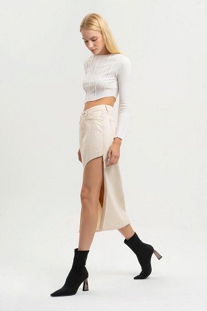 Женская длинная джинсовая юбка необработанного органического цвета с глубоким разрезом по бокам