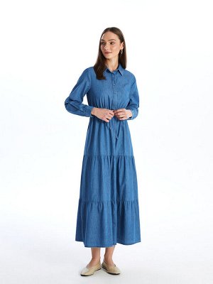 Прямое женское джинсовое платье с рубашечным воротником и длинными рукавами