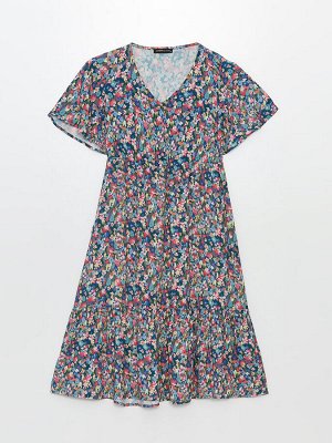 Женское платье с V-образным вырезом и цветочным принтом с короткими рукавами
