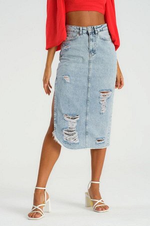 Женская светлая джинсовая рваная джинсовая юбка с разрезами по бокам