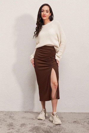Женская коричневая длинная юбка с разрезом HZL22S-BD118801