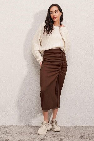 Женская коричневая длинная юбка с разрезом HZL22S-BD118801