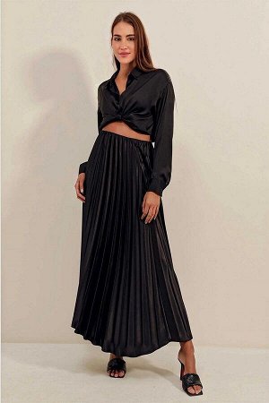 Женская черная кожаная плиссированная длинная юбка с эластичной резинкой на талии стандартного размера HZL24S-BD118941