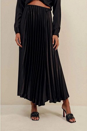 Женская черная кожаная плиссированная длинная юбка с эластичной резинкой на талии стандартного размера HZL24S-BD118941