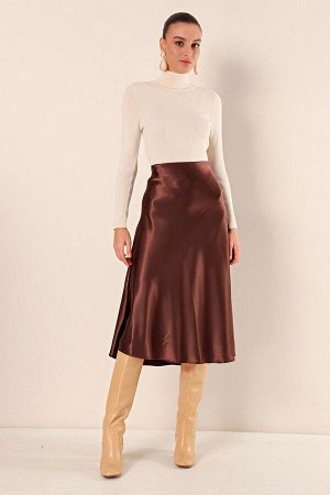 Женская коричневая атласная юбка до щиколотки