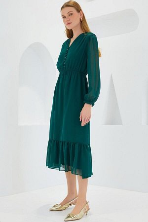 Женское шифоновое платье изумрудно-зеленого цвета с узором 2137