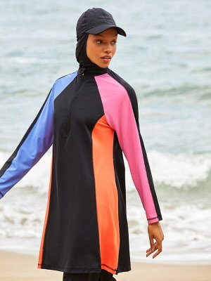 Женский комплект купальника в хиджабе с высоким воротником и цветными блоками с длинными рукавами
