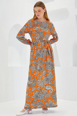 Женское оранжевое вязаное платье-хиджаб с цветочным узором 1525
