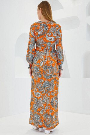 Женское оранжевое вязаное платье-хиджаб с цветочным узором 1525