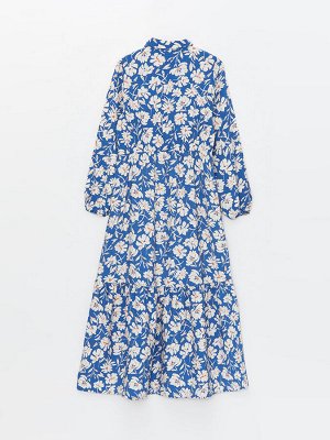Женское платье с длинным рукавом и воротником-рубашкой с цветочным принтом