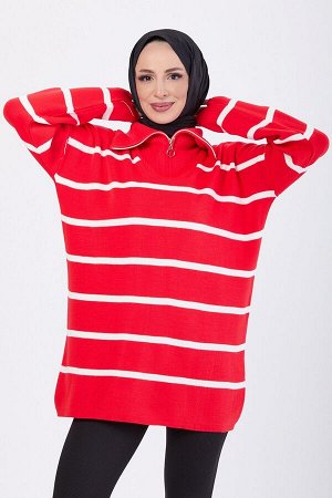 Однотонный женский красный вязаный свитер с высоким воротником — 24132