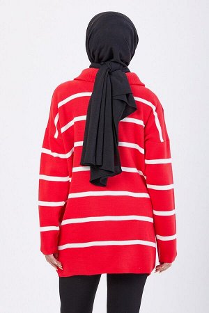 Однотонный женский красный вязаный свитер с высоким воротником — 24132