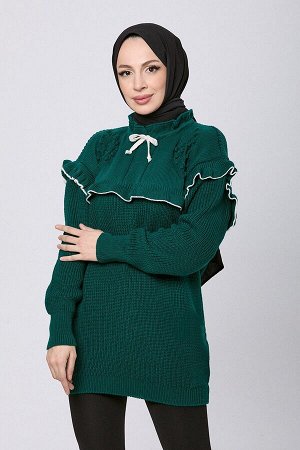 Женский зеленый трикотажный свитер без принта с полуводолазкой — 23889