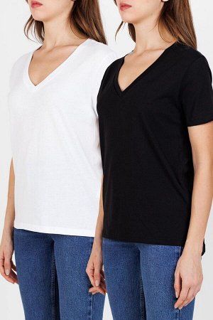 Женская черно-белая футболка из двух частей с v-образным вырезом и короткими рукавами