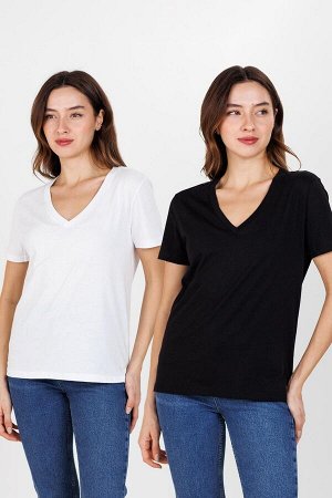 Женская черно-белая футболка из двух частей с v-образным вырезом и короткими рукавами