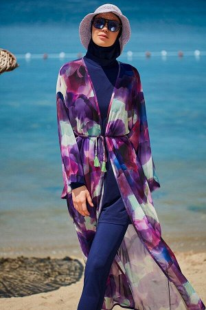 Фиолетовое кимоно-кафтан с батиковым узором P2338