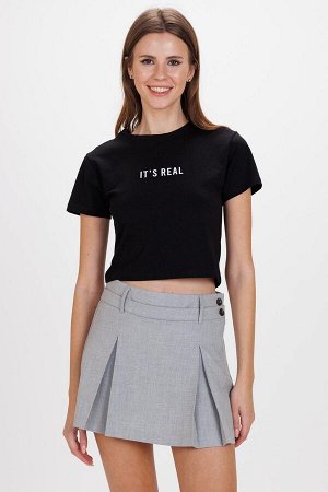 Черная женская укороченная футболка из хлопка и эластана с принтом It s Real