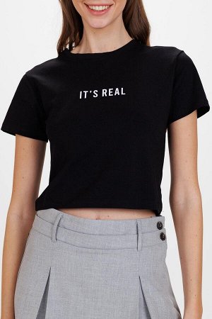 Черная женская укороченная футболка из хлопка и эластана с принтом It s Real