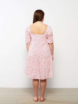 Плюс размер вискозное женское платье с квадратным воротником и рисунком с короткими рукавами