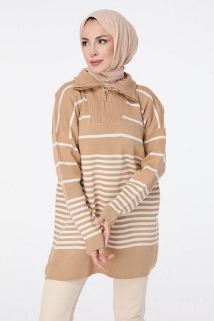 Однотонный женский свитер из норкового трикотажа с высоким воротником - 23632