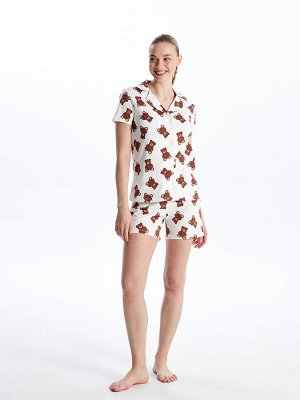 Женский пижамный комплект с короткими рукавами и шортами с воротником рубашки и рисунком