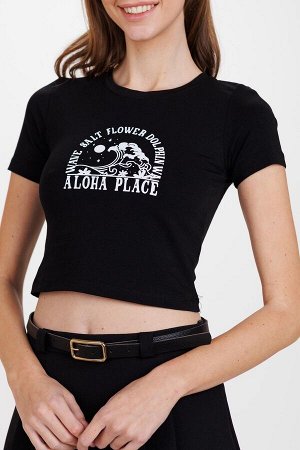 Черная женская укороченная футболка из хлопка и эластана с принтом Aloha Place