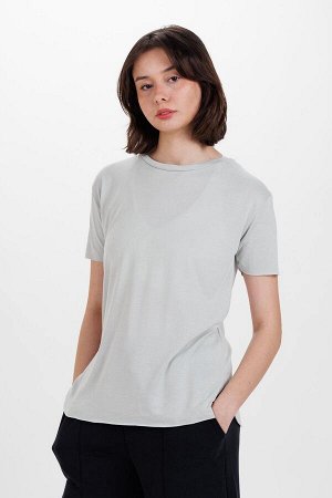 Женская серая базовая хлопковая футболка оверсайз с круглым вырезом
