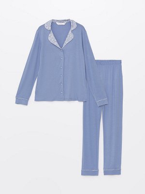 Однотонный женский пижамный комплект с воротником рубашки и длинными рукавами
