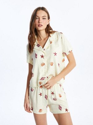 Женский пижамный комплект с короткими рукавами и шортами с воротником рубашки и рисунком