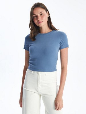 Женская синяя укороченная рубашка с короткими рукавами