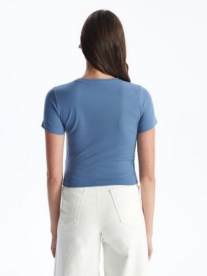 Женская синяя укороченная рубашка с короткими рукавами