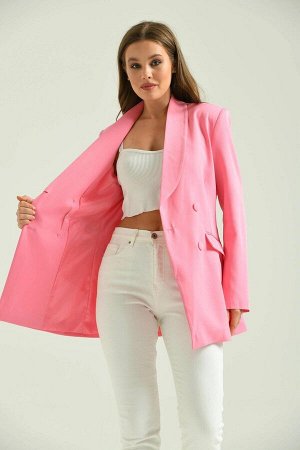 Женский розовый двубортный длинный пиджак