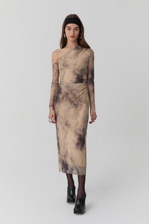 Платье миди из тюля с вырезом лодочкой и драпировкой Светло-коричневый