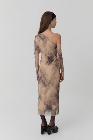 Платье миди из тюля с вырезом лодочкой и драпировкой Светло-коричневый