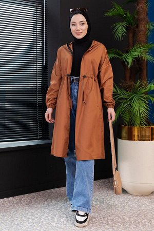 Женское светло-коричневое пальто с однотонным воротником и капюшоном — 3965