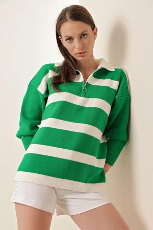 Женский зеленый полосатый свитер свободного кроя с воротником-поло и молнией HZL23W-BD145121