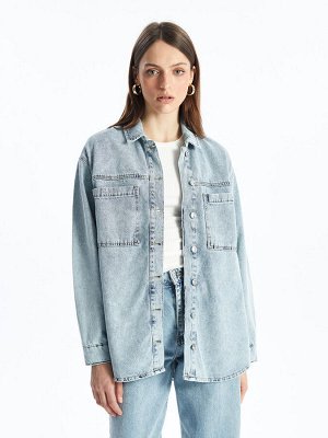 Однотонная женская джинсовая куртка-рубашка с длинным рукавом