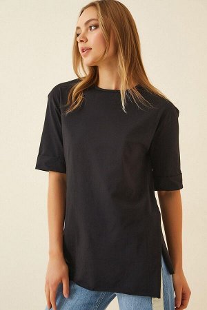 Женская черная многослойная трикотажная футболка оверсайз с круглым вырезом и рукавами с разрезом по бокам HL22s-bd143251