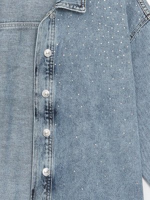 Женская джинсовая куртка-рубашка с длинным рукавом с блестящим каменным принтом