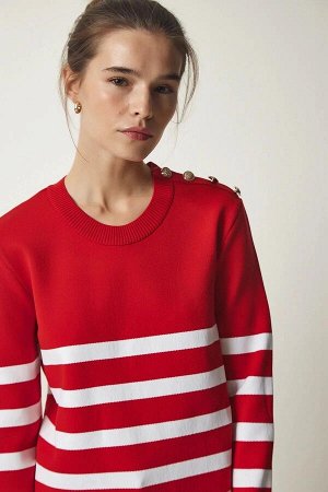 Женский красно-белый полосатый свитер с круглым вырезом и плечами HZL24W-BD1102081