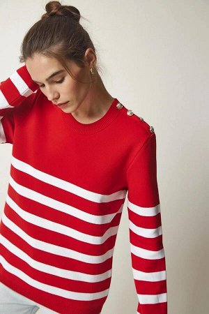 Женский красно-белый полосатый свитер с круглым вырезом и плечами HZL24W-BD1102081