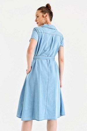 Джинсовое Платье 1677 С Поясом На Пуговицах - Синий