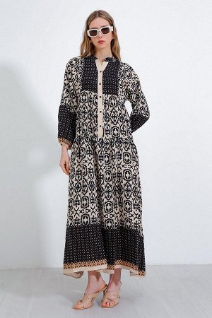 Женское черное кремовое платье-хиджаб из вискозы с узором 2423