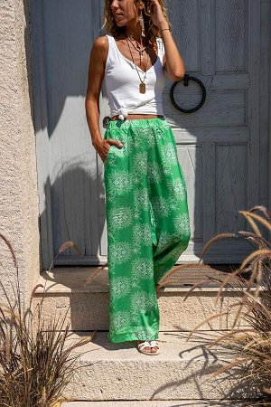 Женские зеленые атласные свободные брюки с этническим рисунком и эластичной резинкой на талии Bst3243