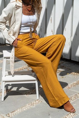 Женские льняные свободные брюки горчичного цвета с эластичной резинкой на талии GK-BST2933