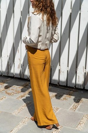 Женские льняные свободные брюки горчичного цвета с эластичной резинкой на талии GK-BST2933
