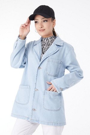 Женский синий двубортный пиджак с прямым воротником - 24049