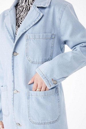 Женский синий двубортный пиджак с прямым воротником - 24049