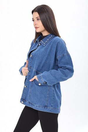 Женская синяя куртка с каменным воротником и прямым рубашечным воротником - 23622