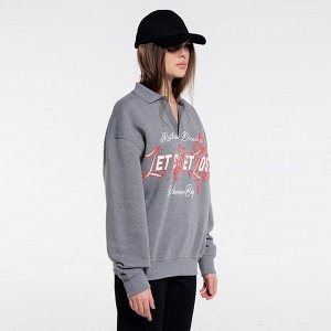 Женский серый меланжевый свитшот Stephan Extra Oversize с воротником поло - рельефные 3 нити